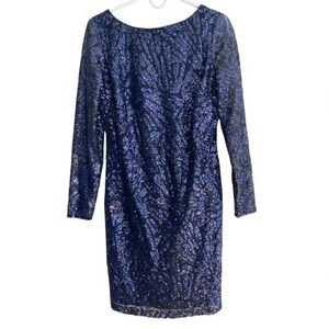 Marina Navy Blue Long Sleeve Sequin Sparkle Sheath Dress Size 8